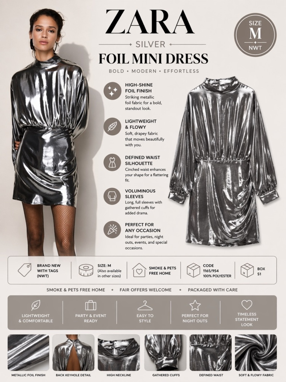 ZARA Silver Foil Mini Dress Metallic Long Sleeve Party NWT Size M